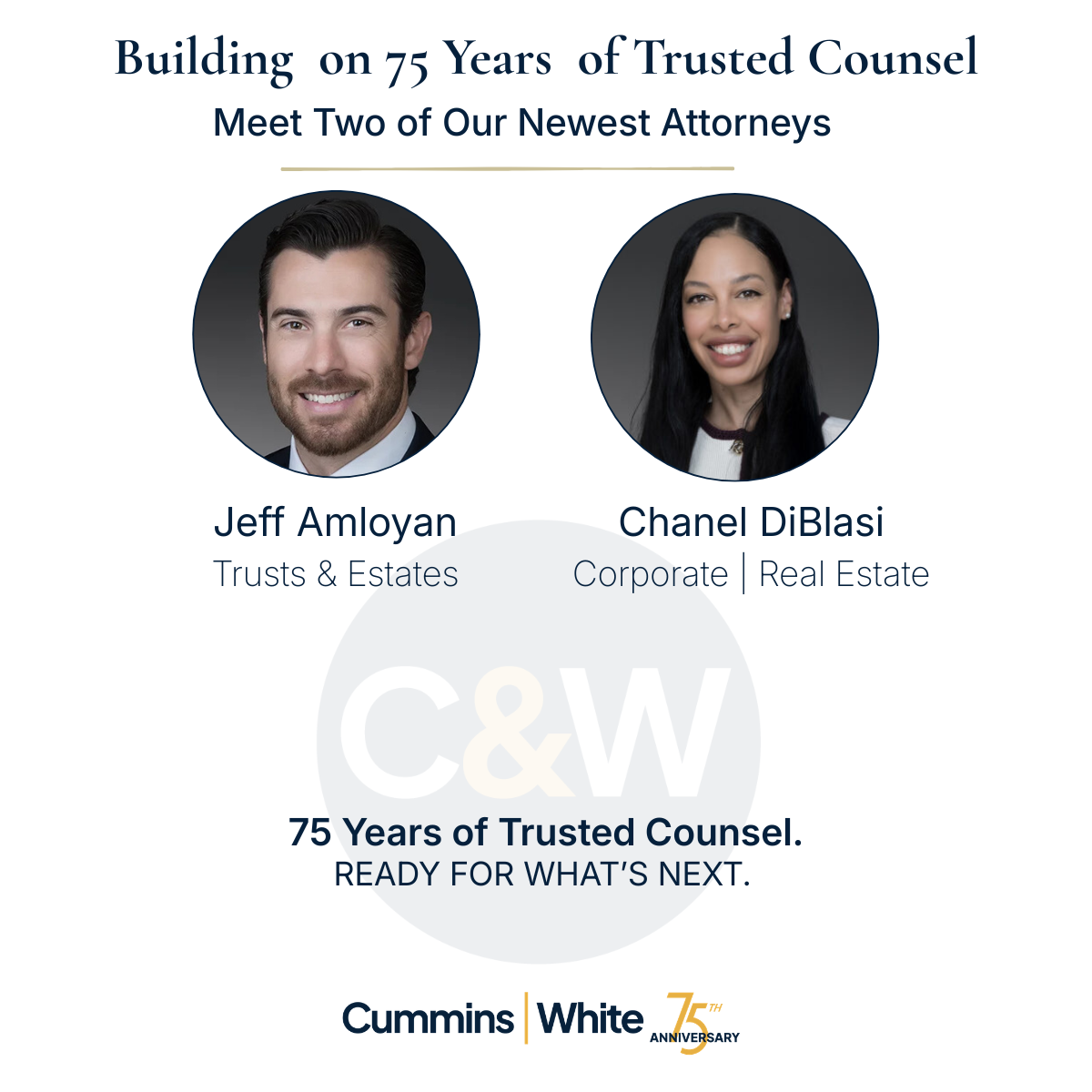 Graphic featuring attorneys Jeff Amloyan and Chanel DiBlasi as Cummins & White expands its team during the firm's 75th anniversary year.